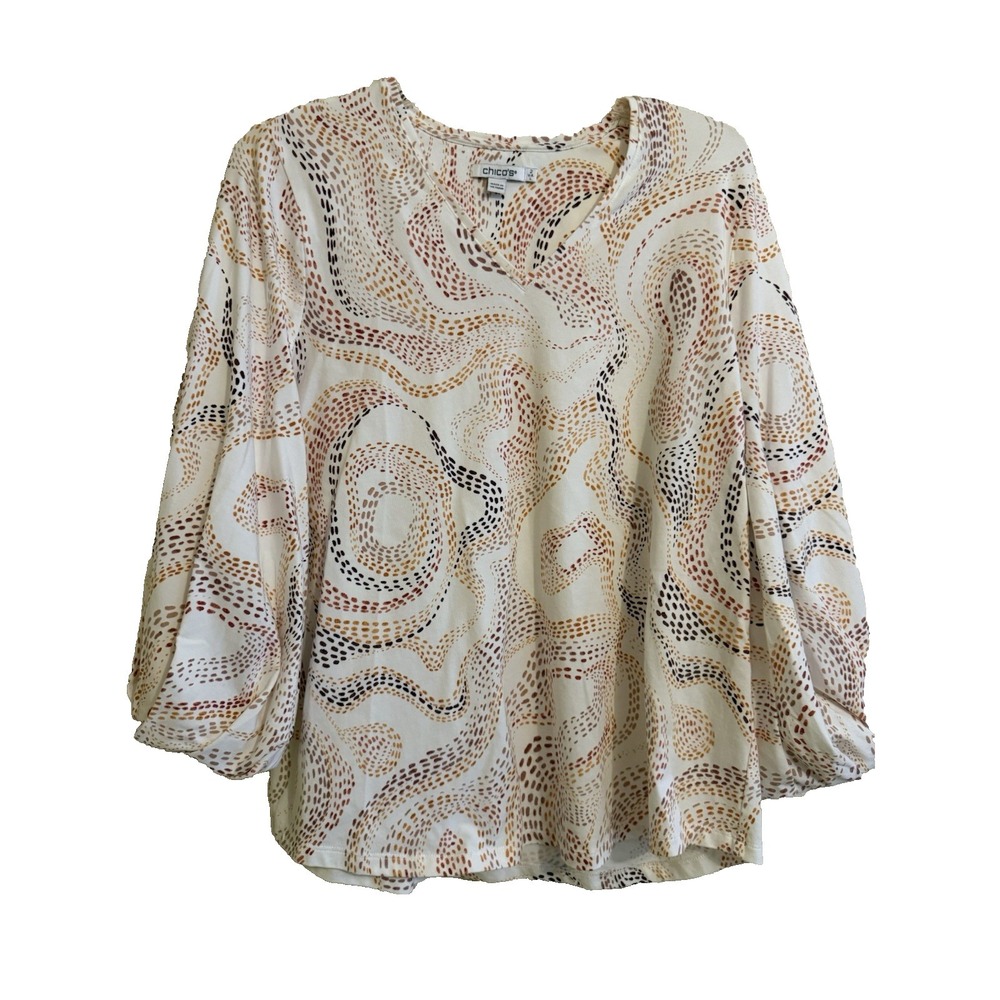 Chico's 2 Geometric Print 3/4 Balloon Sleeve Size L Cotton Spandex Top‎